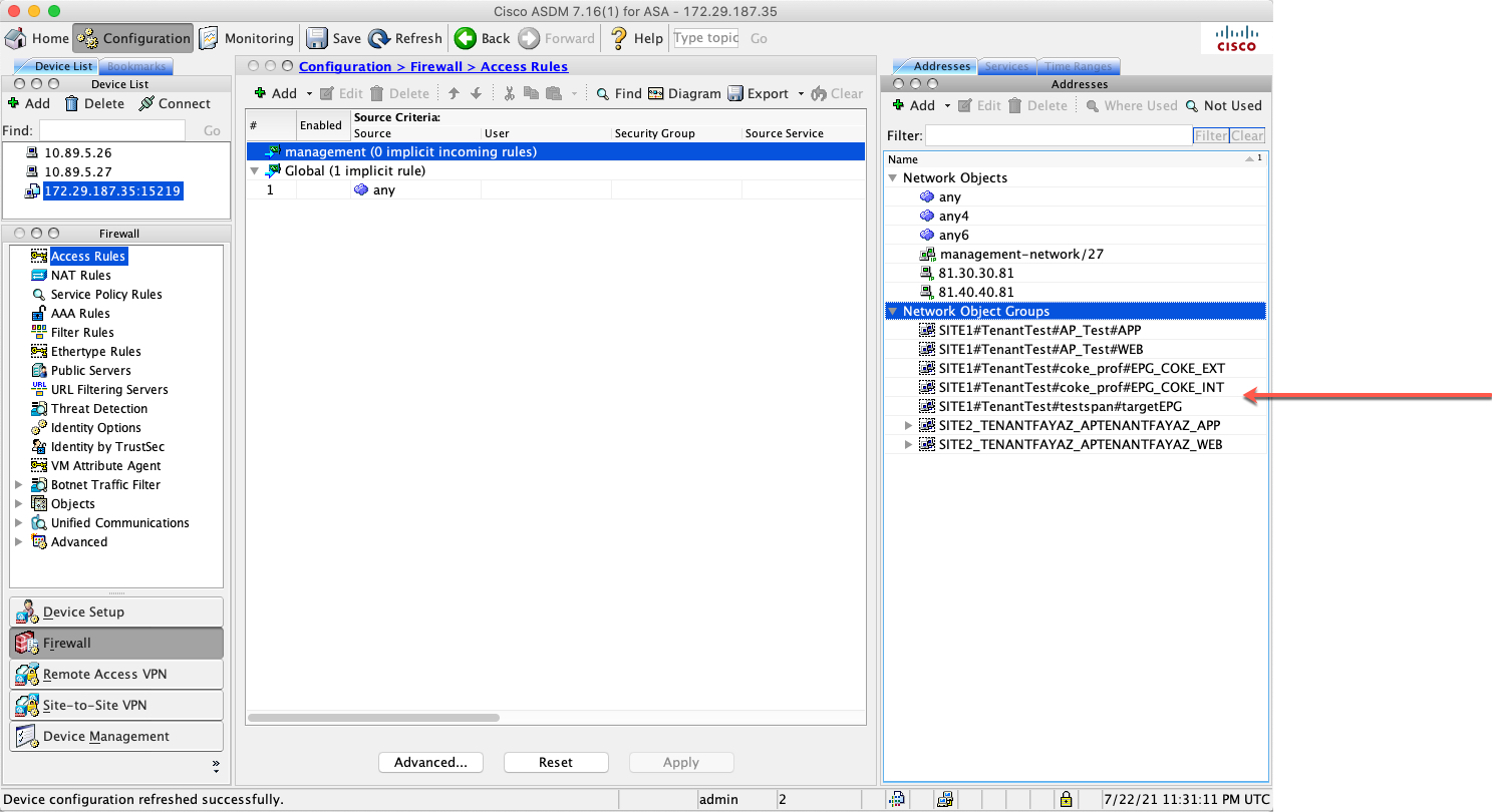 The Endpoint Update App's network objects are displayed in the ASA if you configured it correctly