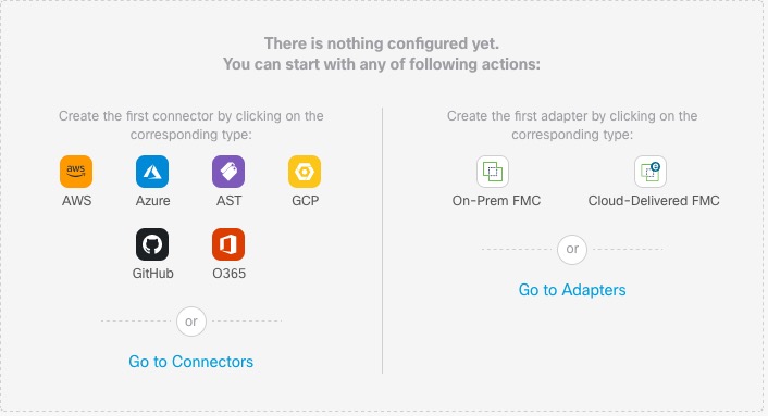 Le tableau de bord du connecteur Cisco Secure Dynamic Attributes offre des renseignements généraux sur les connecteurs, les filtres et les adaptateurs non configurés et configurés