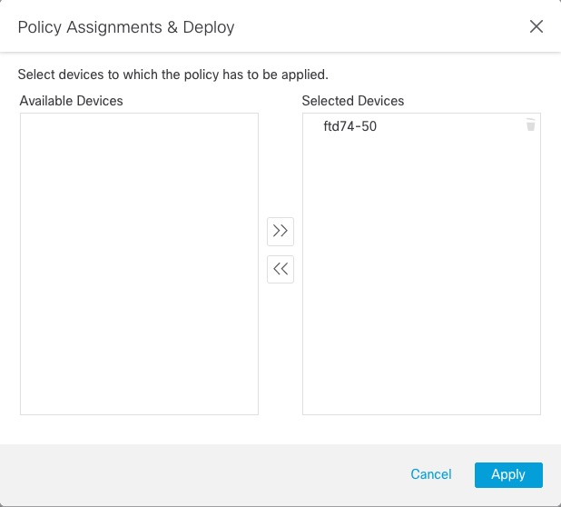 Deploy health policies to the Selected Devices list. Use the arrow buttons to move devices between Available and Selected Devices lists.