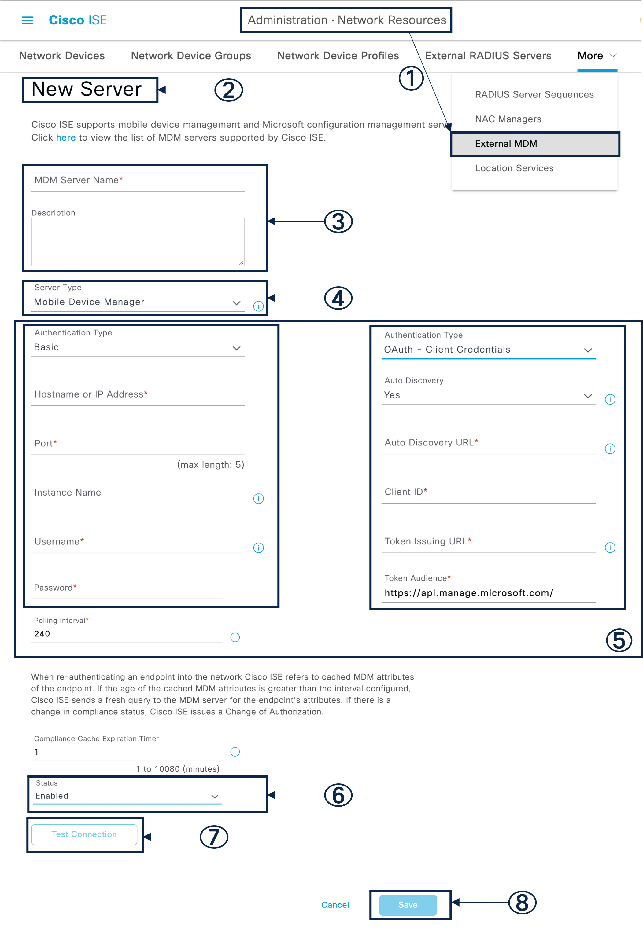 The various fields you must configure in Cisco ISE to integrate an MDM server with Cisco ISE.