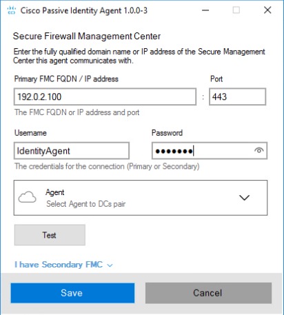 To install the Passive Identity Agent software, enter the required information in the dialog box and select a domain controller to monitor.