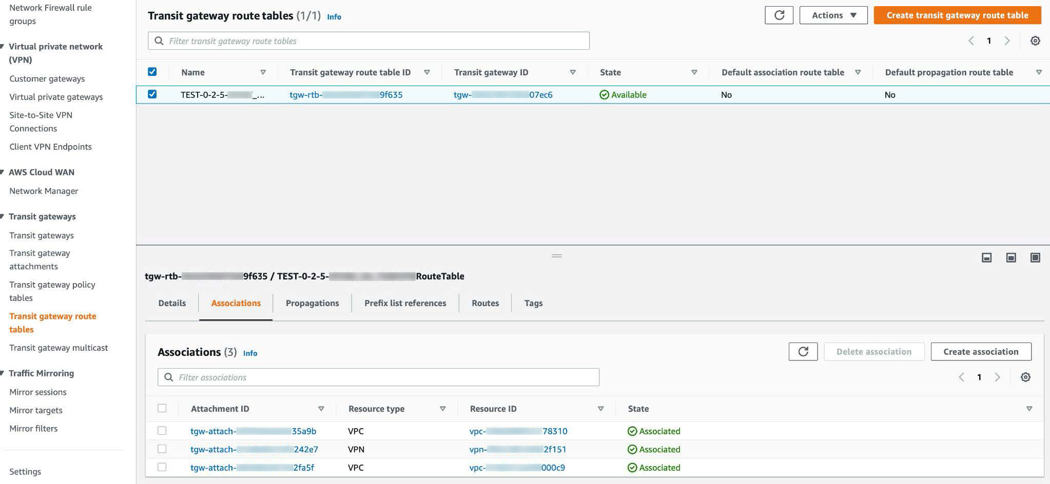 In the Transit gateway route tables window, the Create association button is in the upper-right corner of the Associations pane.