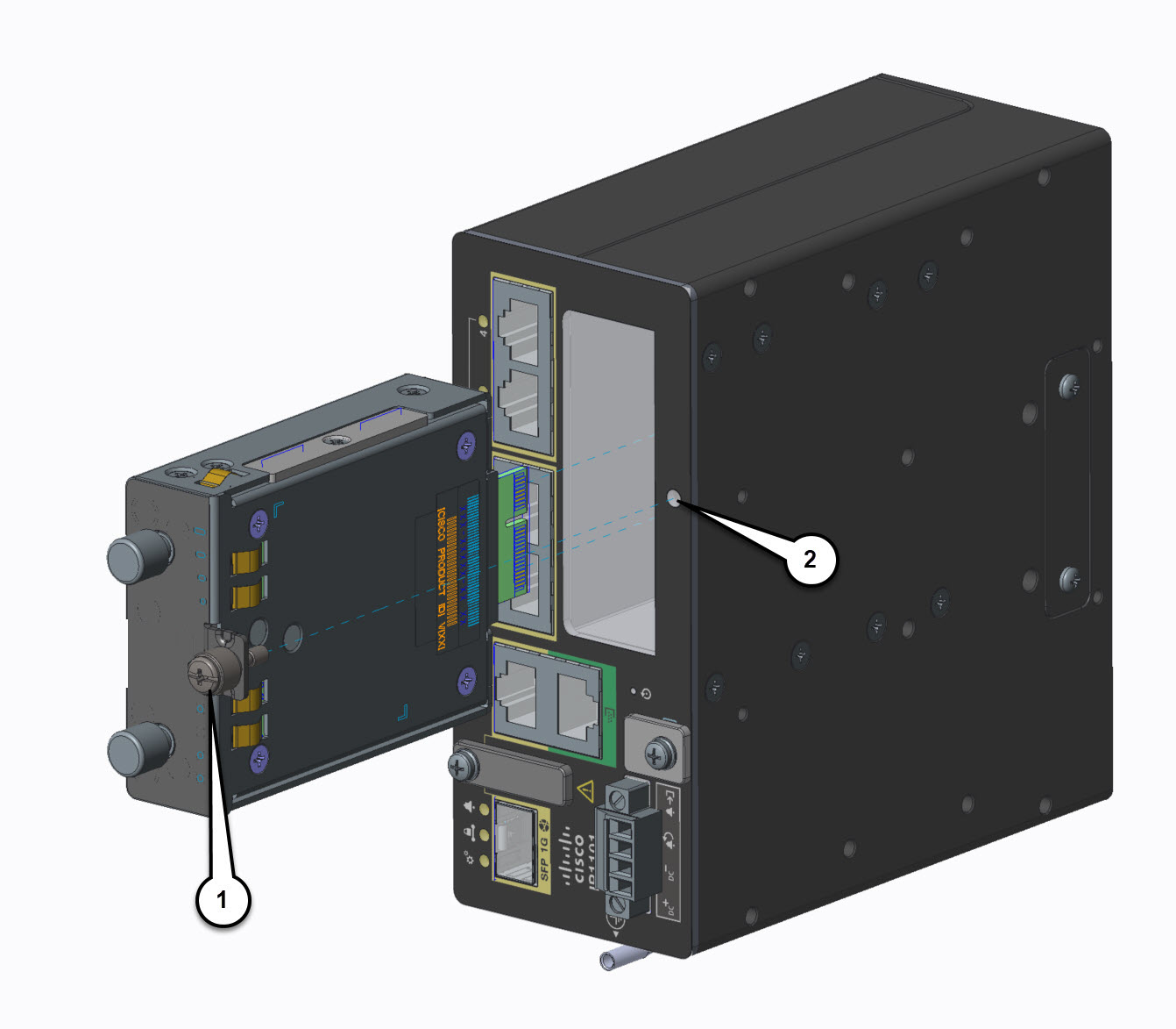 Inserting the Cisco LoRaWAN Pluggable Interface Module into the IR1101 Base.