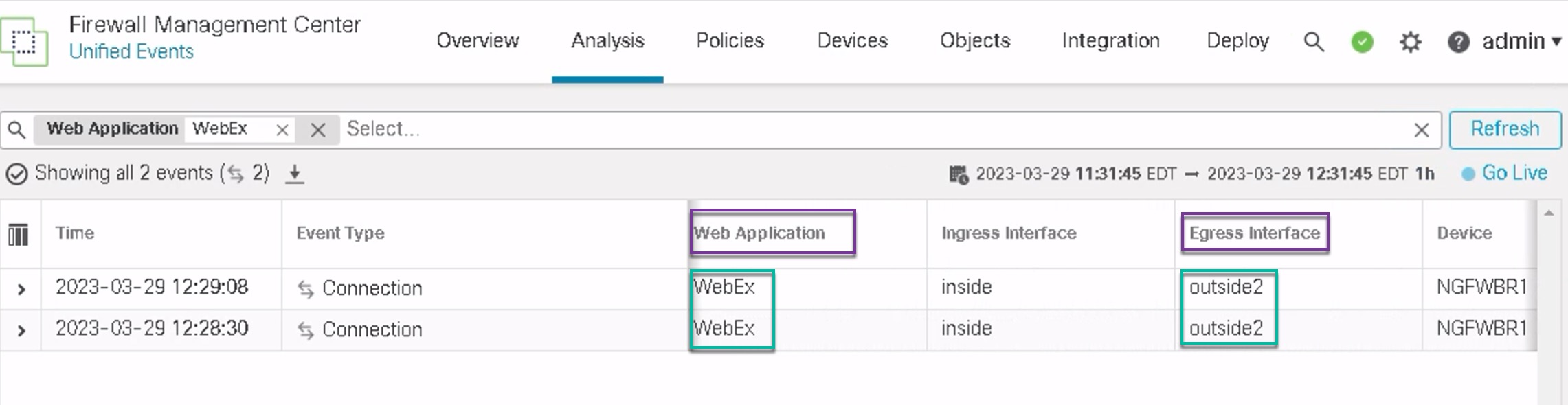 In the image, WebEx application traffic is sent out through the outside2 interface as there is packet loss on the outside3 interface as seen on the Unified events page.