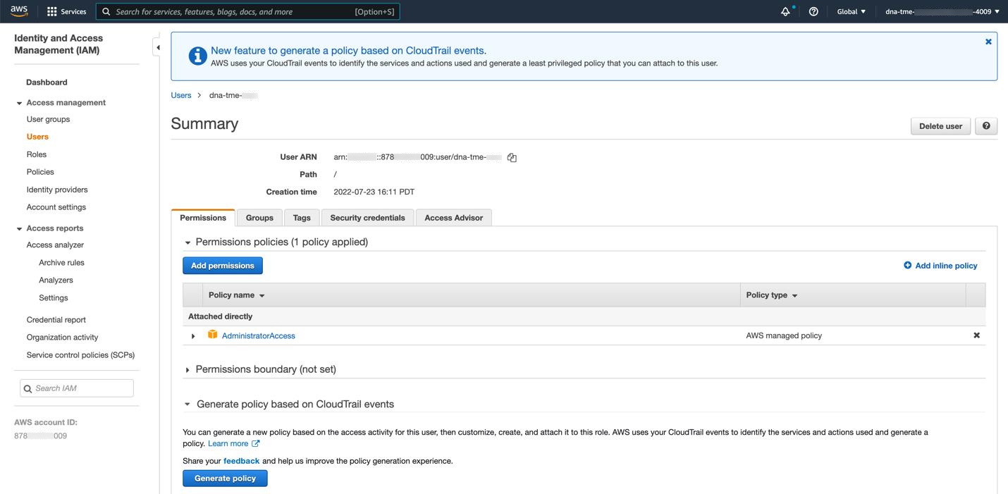 In the AWS Identity and Access Management (IAM) dashboard, you can find user permission policies. The administrator access policy displays as "AdministratorAccess".