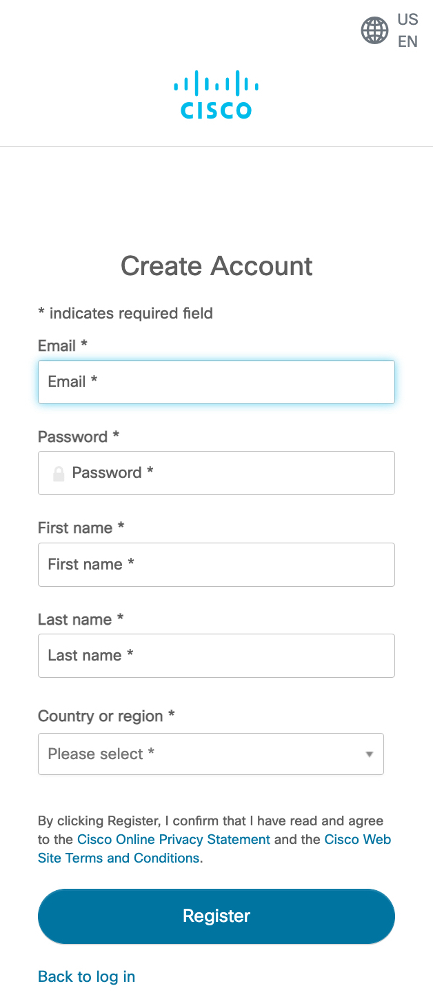 The Create Account window displays the required fields for you to complete so that you can register your Cisco account.