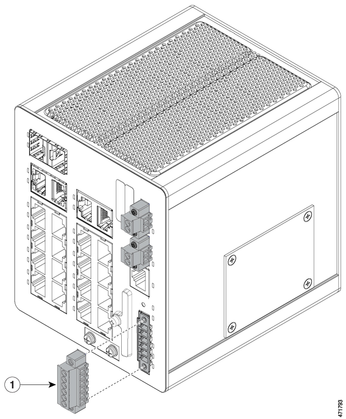 スイッチから取り外されているアラームコネクタの画像。