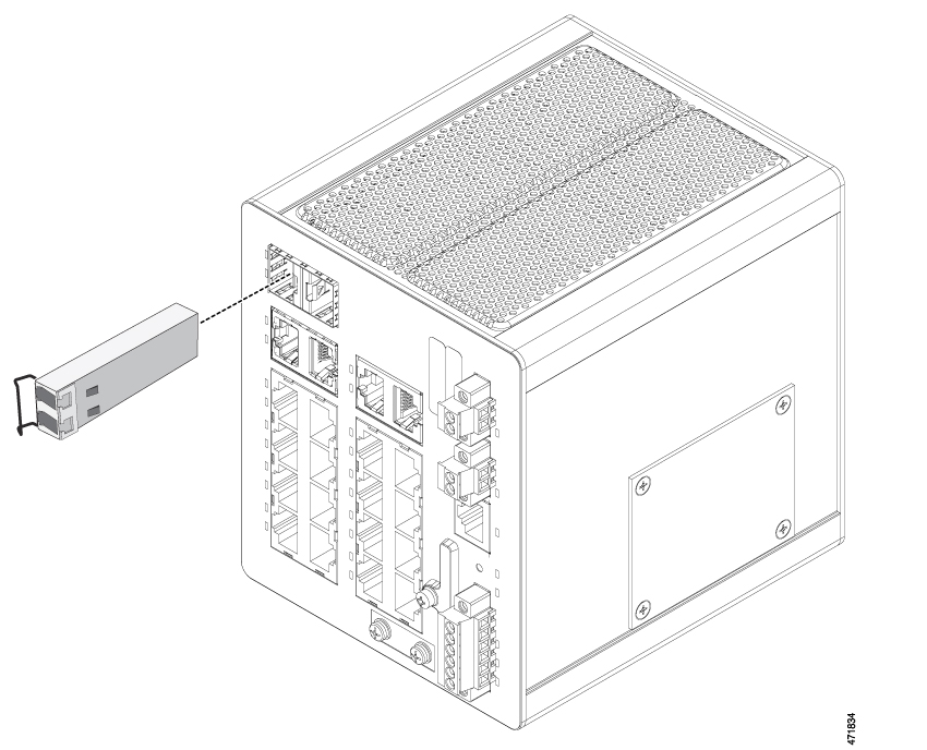 スイッチの SFP モジュールスロットに挿入するために配置されている SFP の画像