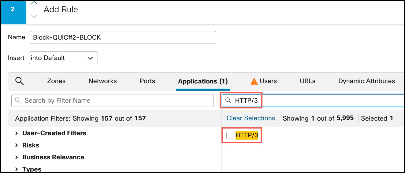 Choose HTTP/3 from list of applications