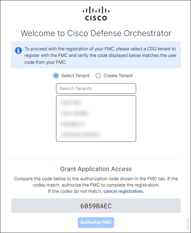 A screen capture of CDO page for selecting the CDO tenant to which the management center can be associated.