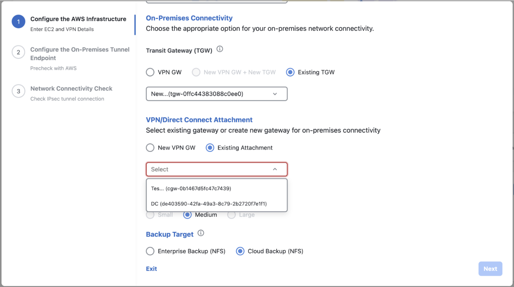 The Add a VA Pod pane displays fields that must be configured to create a VA pod. Step one is to configure the AWS infrastructure, including the Transit Gateway, including choosing the appropriate on-premises connectivity.