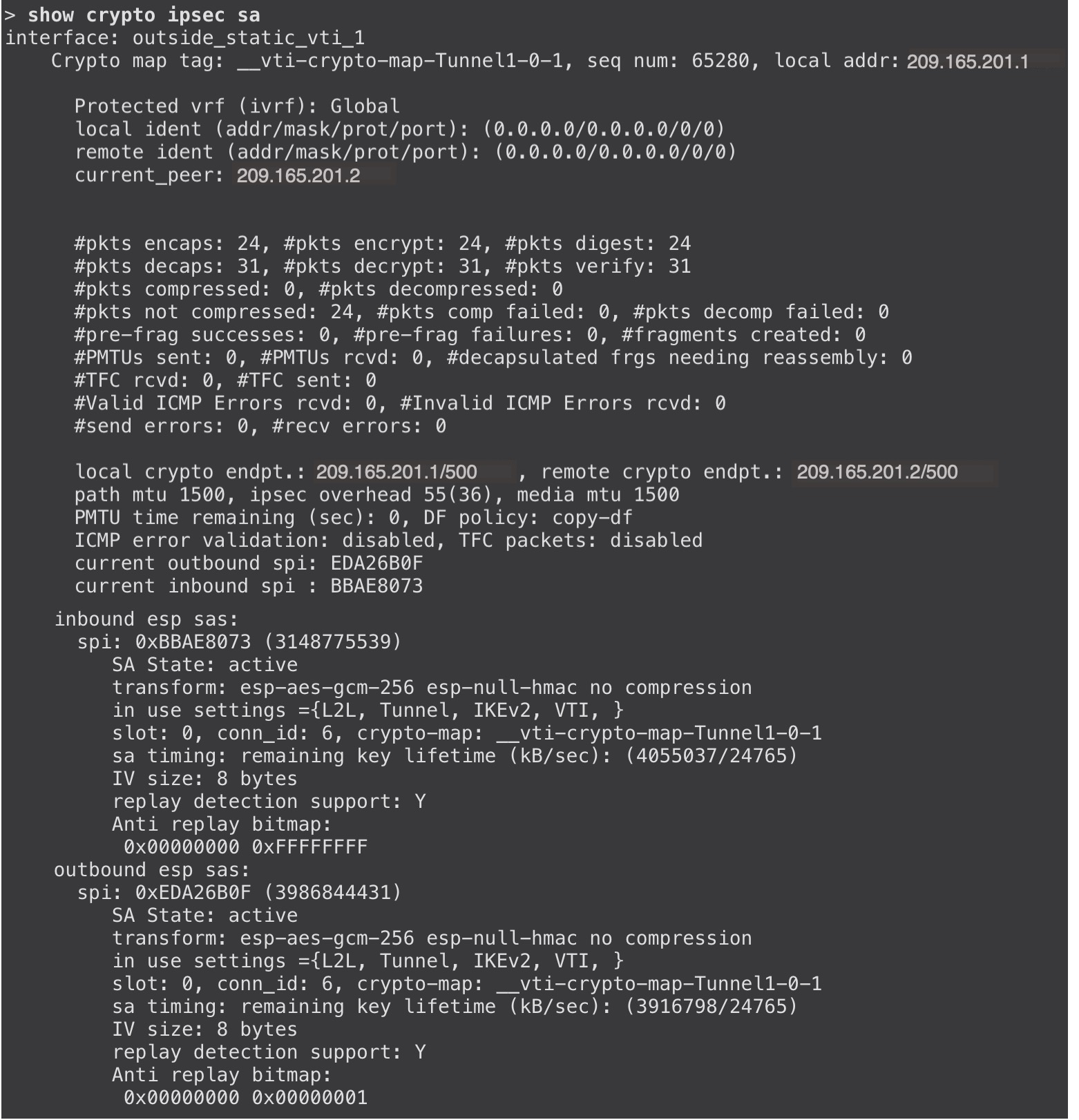 show cryptoipsec sa for route-based VPN