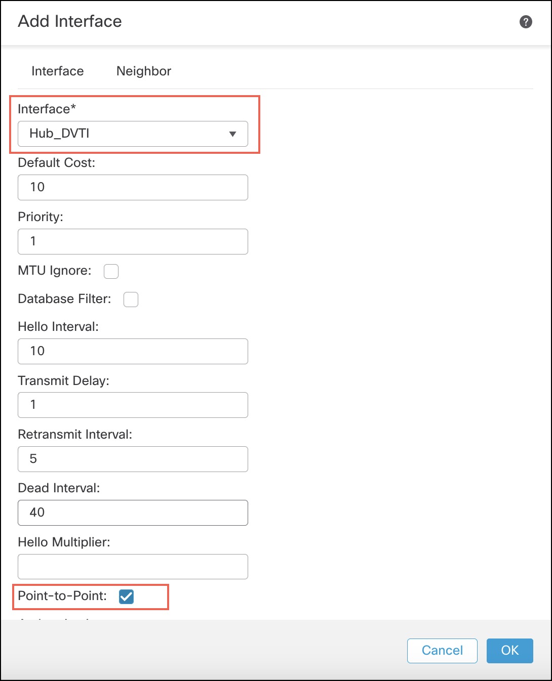 OSPF Add Interface configuration