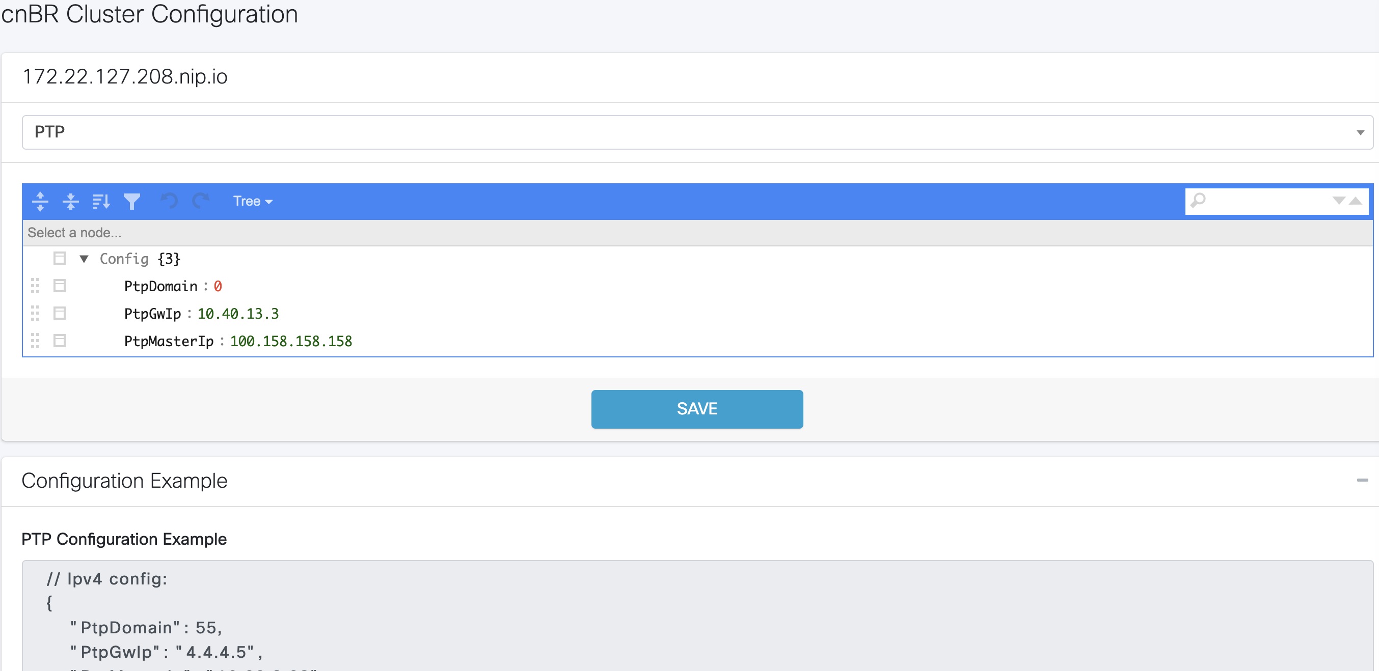 The screenshot displays the configuration information for cnBR PTP Client with a Single Primary Clock