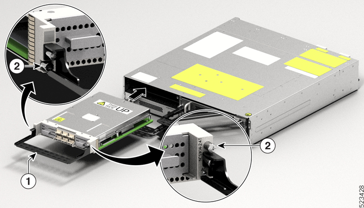 This image shows how to insert the NCS1K14-2.4T-K9 line card into the Cisco NCS 1014 chassis.