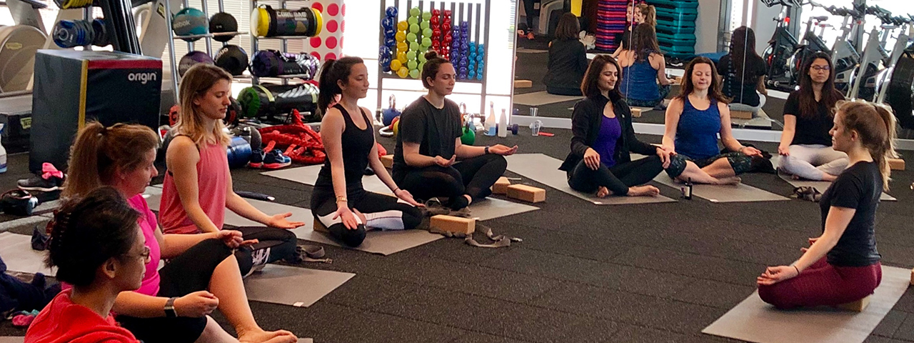 group of people sitting on the ground practicing yoga.