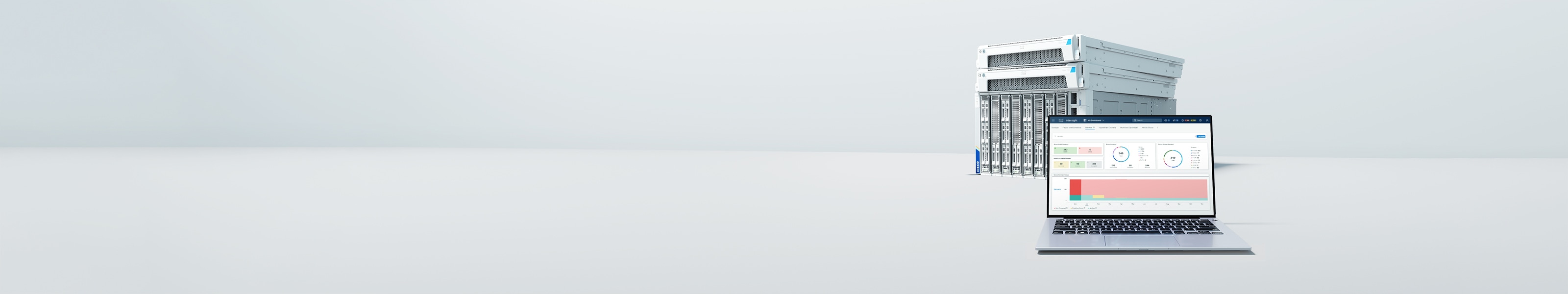 Networking infrastructure stack and laptop displaying Intersight dashboard