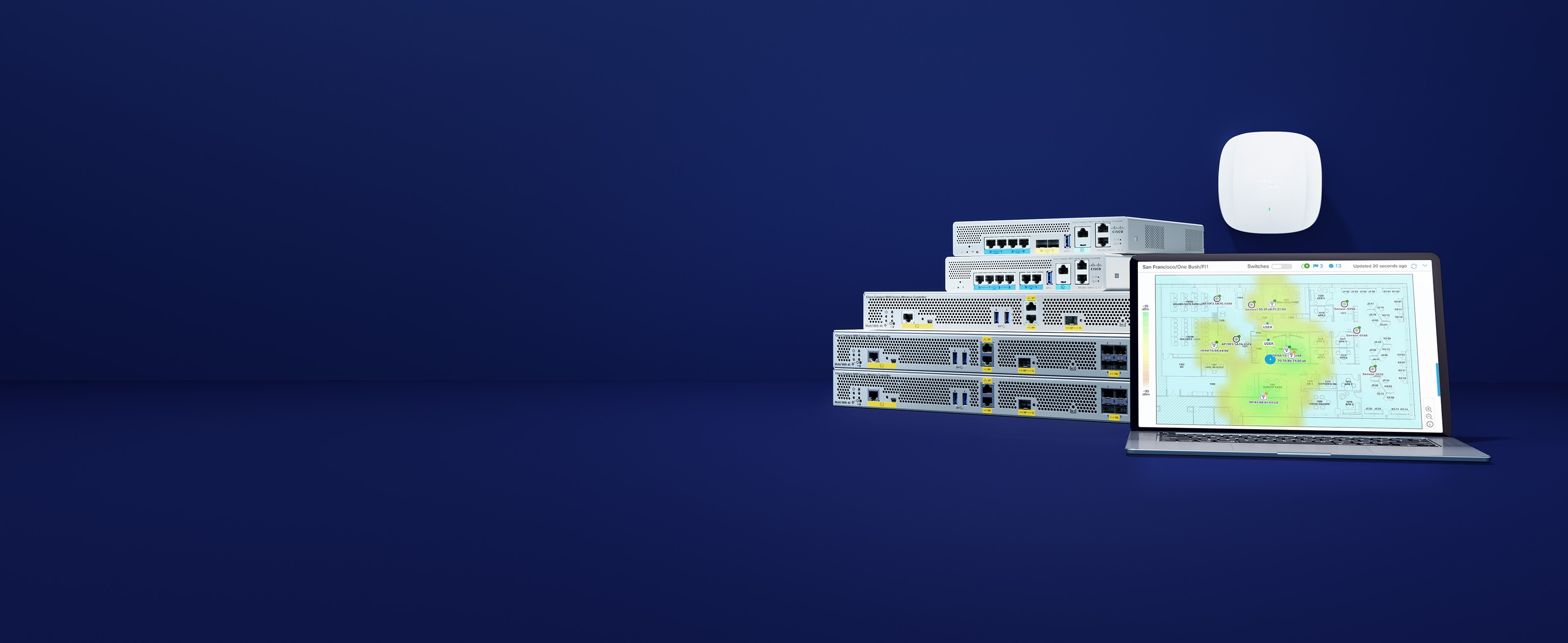 Cisco Catalyst 9800 wireless lan controllers, Cisco Cataylst access point, with Cisco Catalyst Center 3D analyzer image