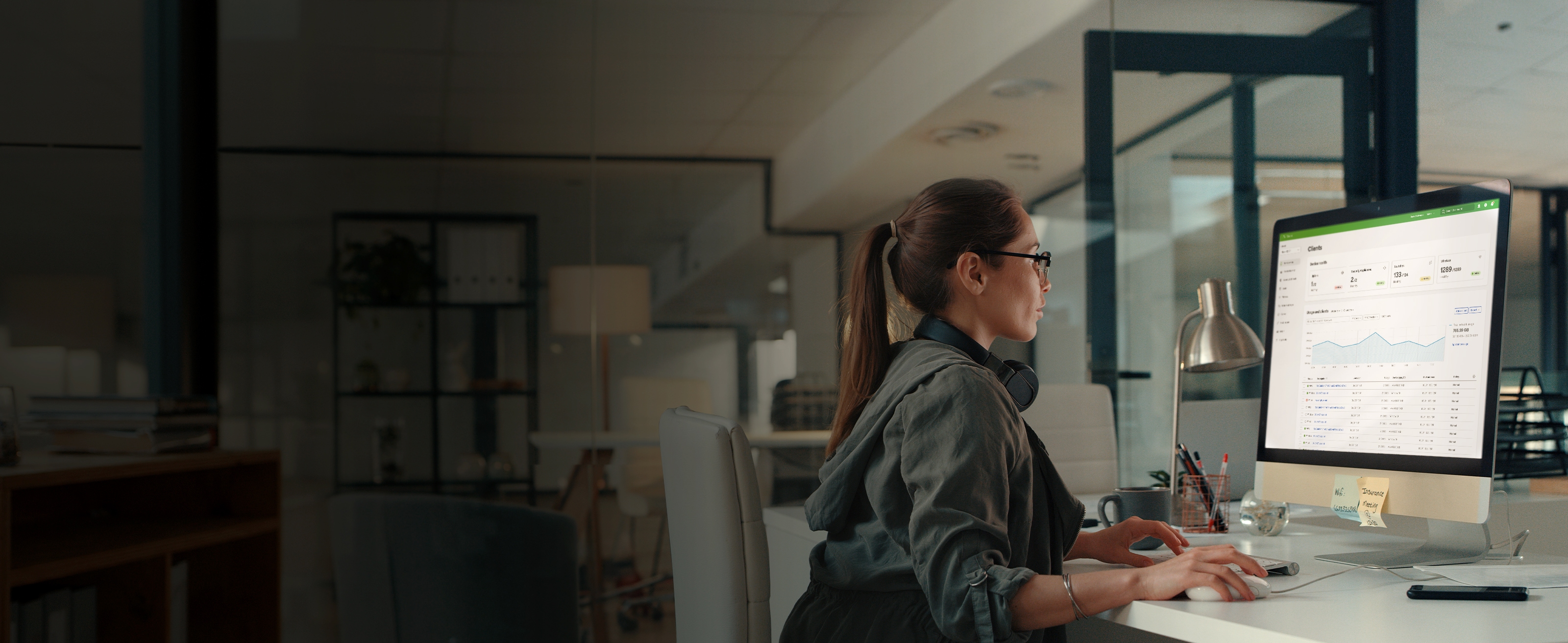 Woman on computer viewing platform interface