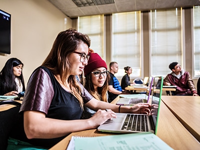 Image of two people looking at a laptop screen