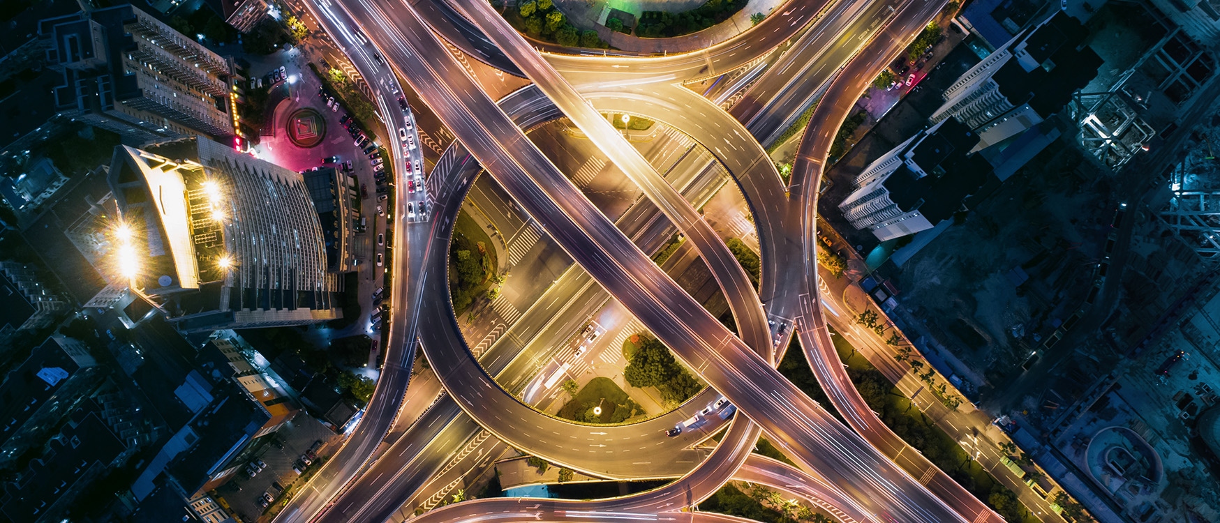 Night time aeriel view highway interchange