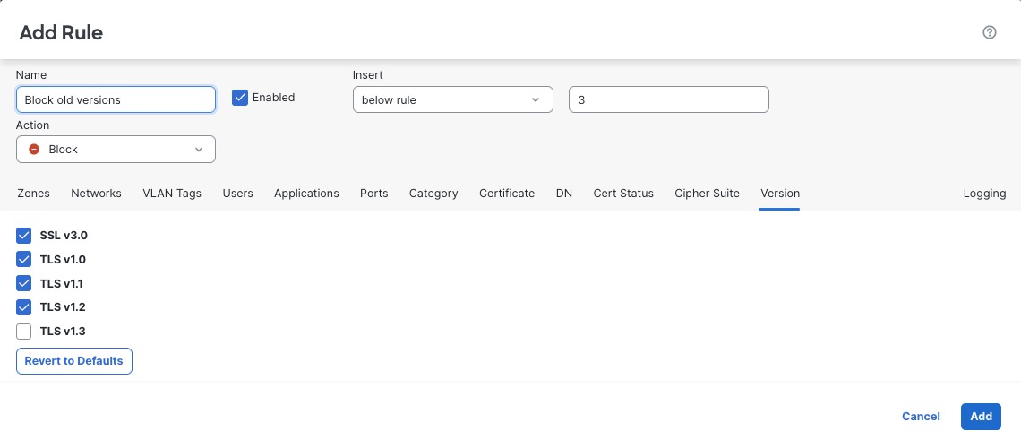 復号ポリシー の [復号不可のアクション（Undecryptable Actions）] タブページで、すべての SSL v3.0、TLS v1.0、TLS v1.1、TLS v1.2 トラフィックをブロックします。