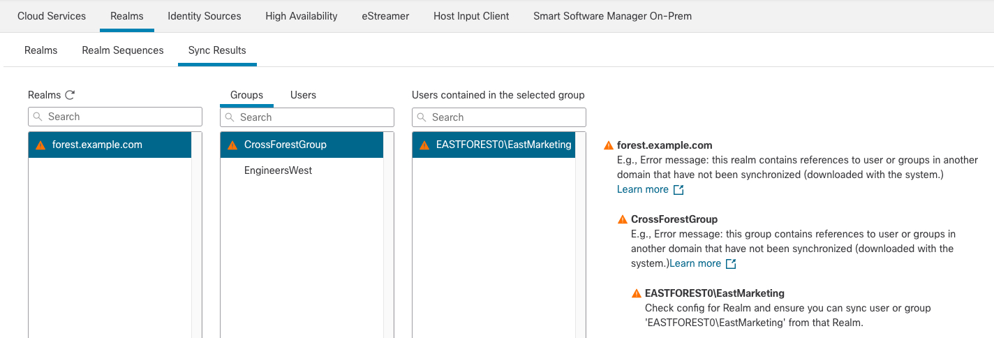 ユーザーが別の Active Directory リポジトリに保存されている場合、ユーザーダウンロードエラーのトラブルシューティングを実行できます。カラムは、左から右へという順で、次のとおりです。三角形のアイコンをクリックすると詳細が表示されます。