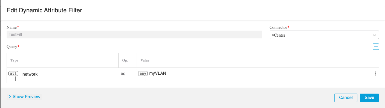 この例は、VLAN を検索する単純な vCenter 動的属性フィルタを示しています