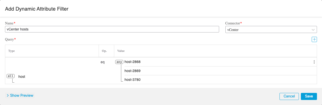 3 つのホストのいずれかを検索する別の例の vCenter 動的属性フィルタ。クエリは OR で結合されています