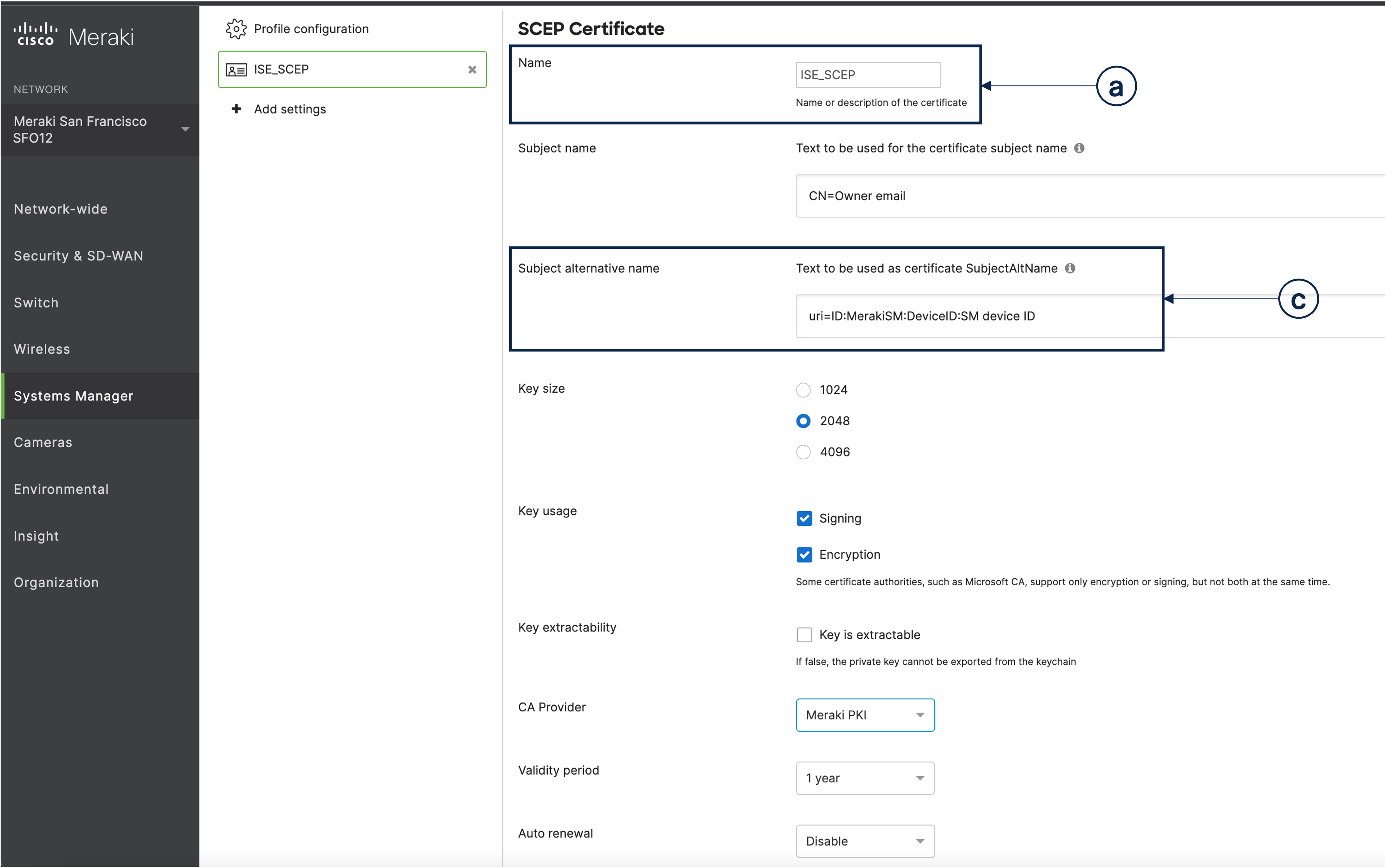 The SCEP Certificate Configuration Window in Cisco Meraki Systems Manager